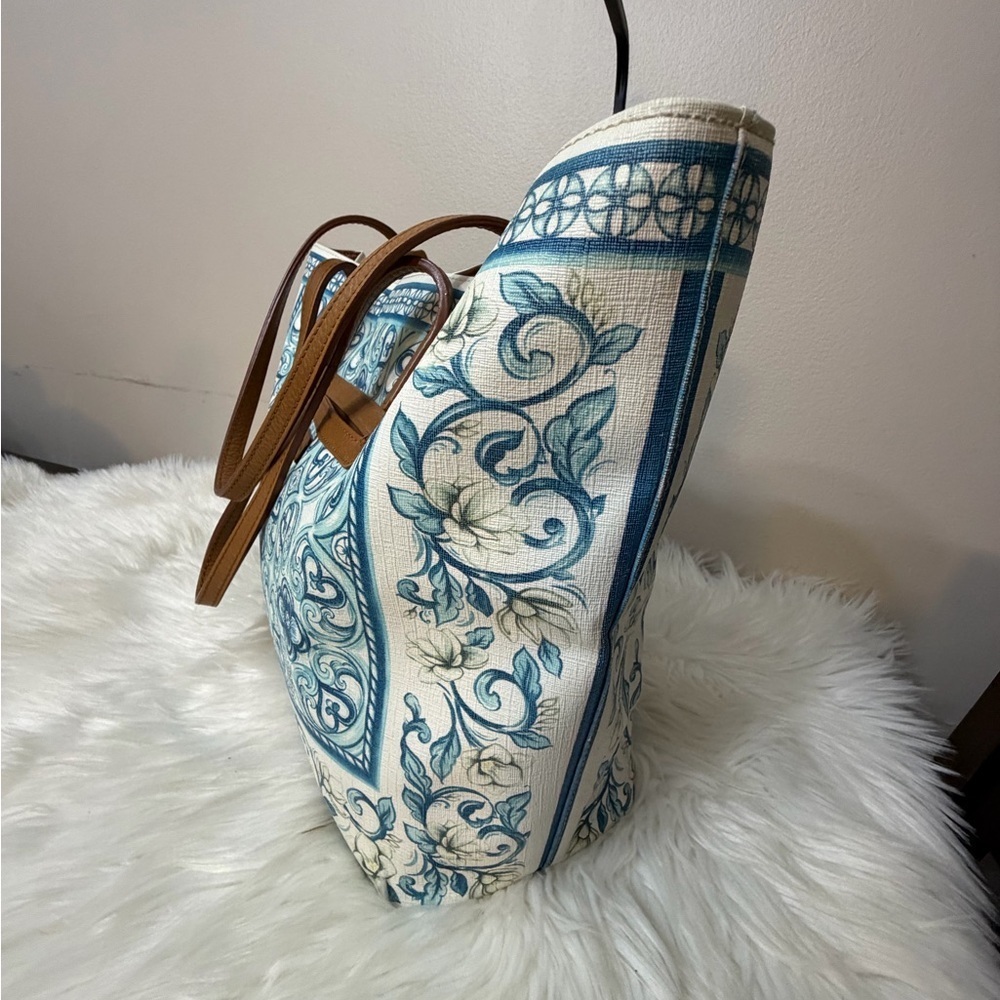 Brighton Brielle Blue White British Tan Leather Trim Coated Canvas - Picture 5 of 11